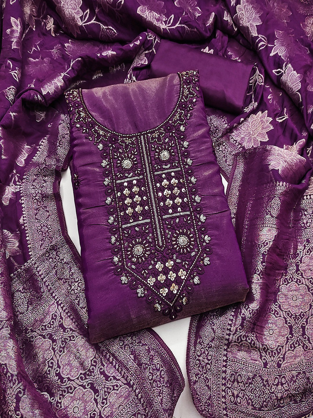 Elegant Purple Shimmer Dress Material with Embroidered Details - Image 1