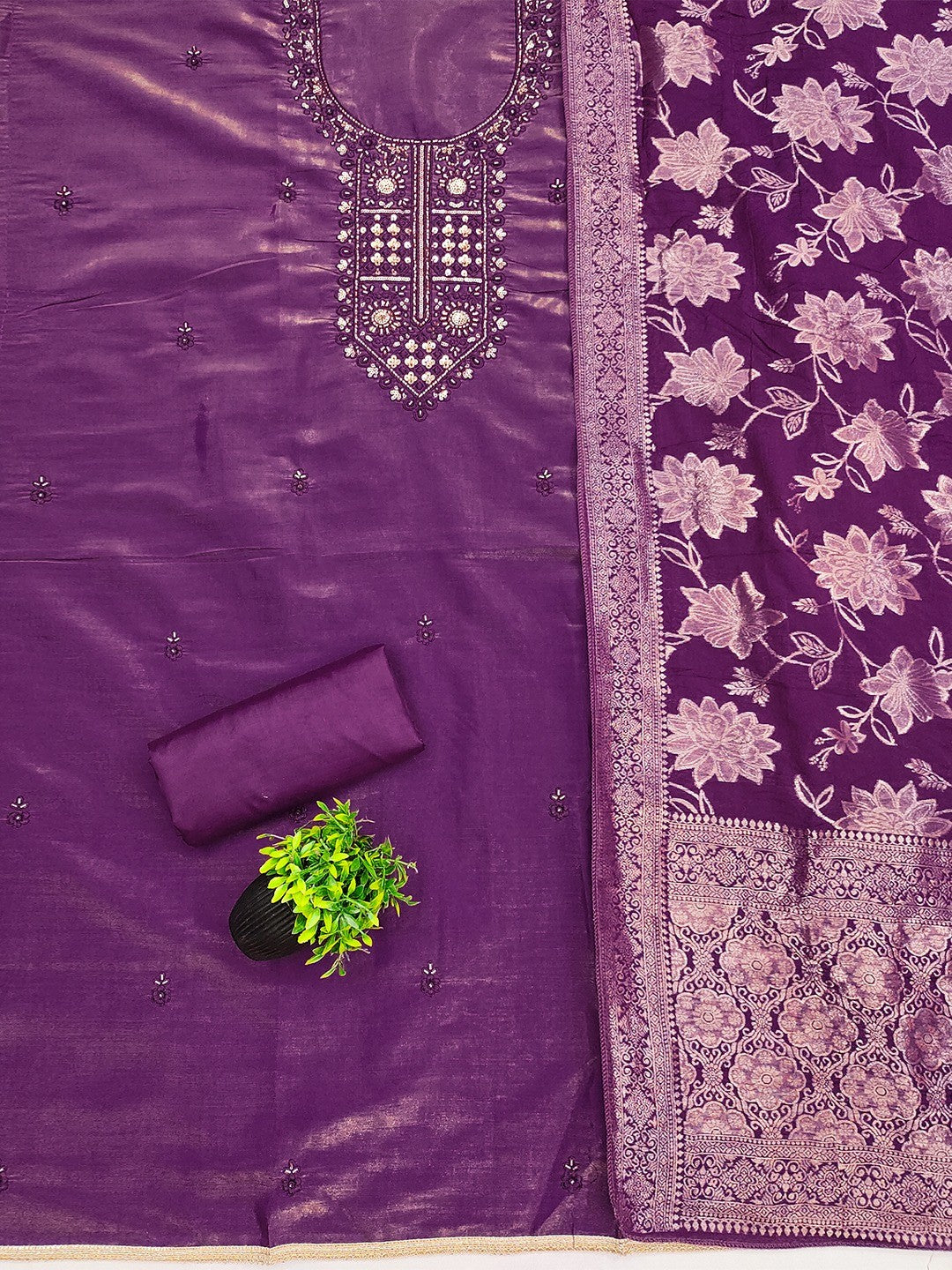 Elegant Purple Shimmer Dress Material with Embroidered Details - Image 3