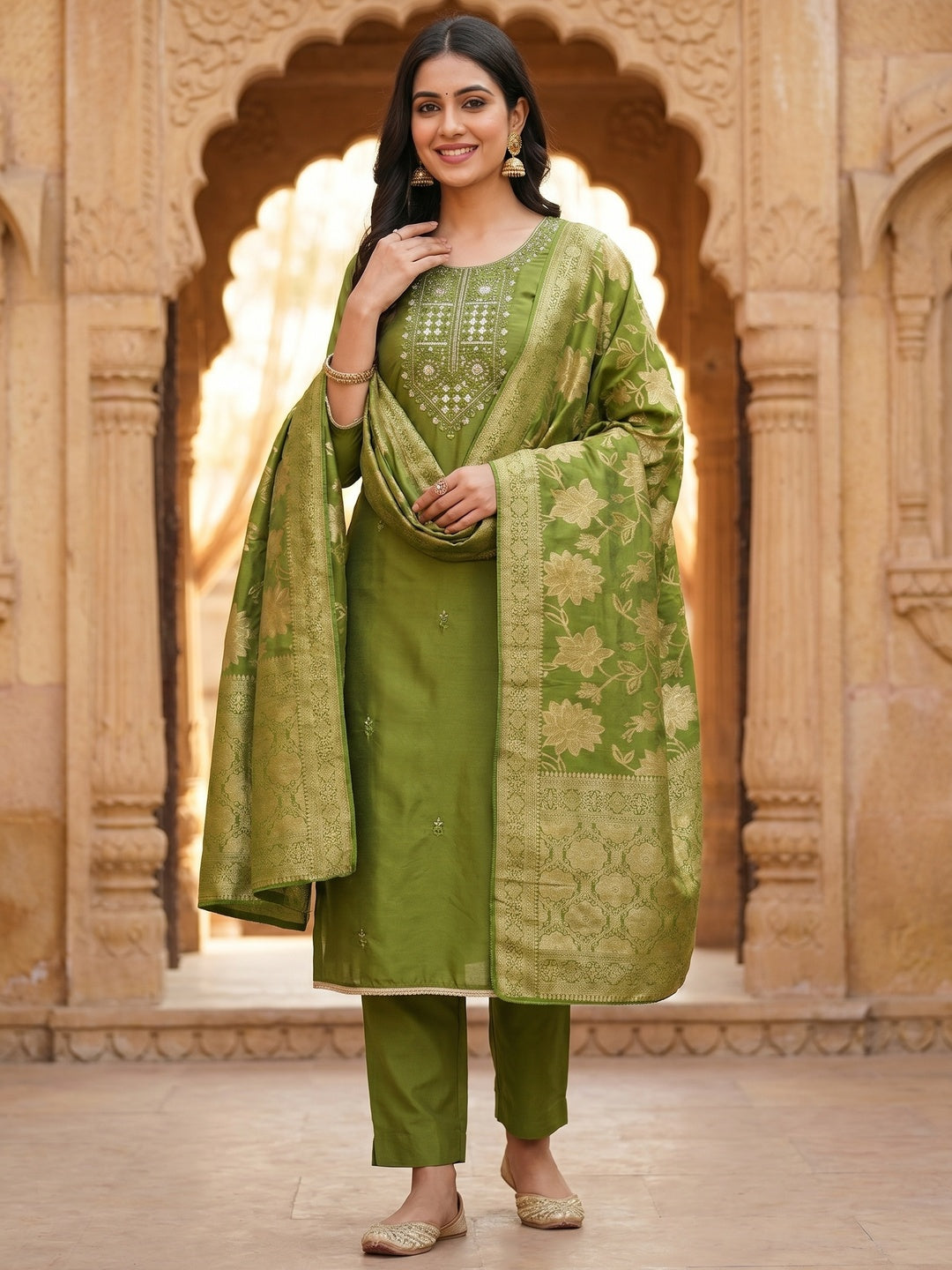 Elegant Green Shimmer Dress Material with Embroidered Details - Image 2