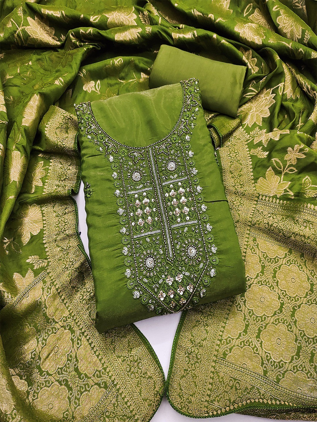 Elegant Green Shimmer Dress Material with Embroidered Details - Image 1