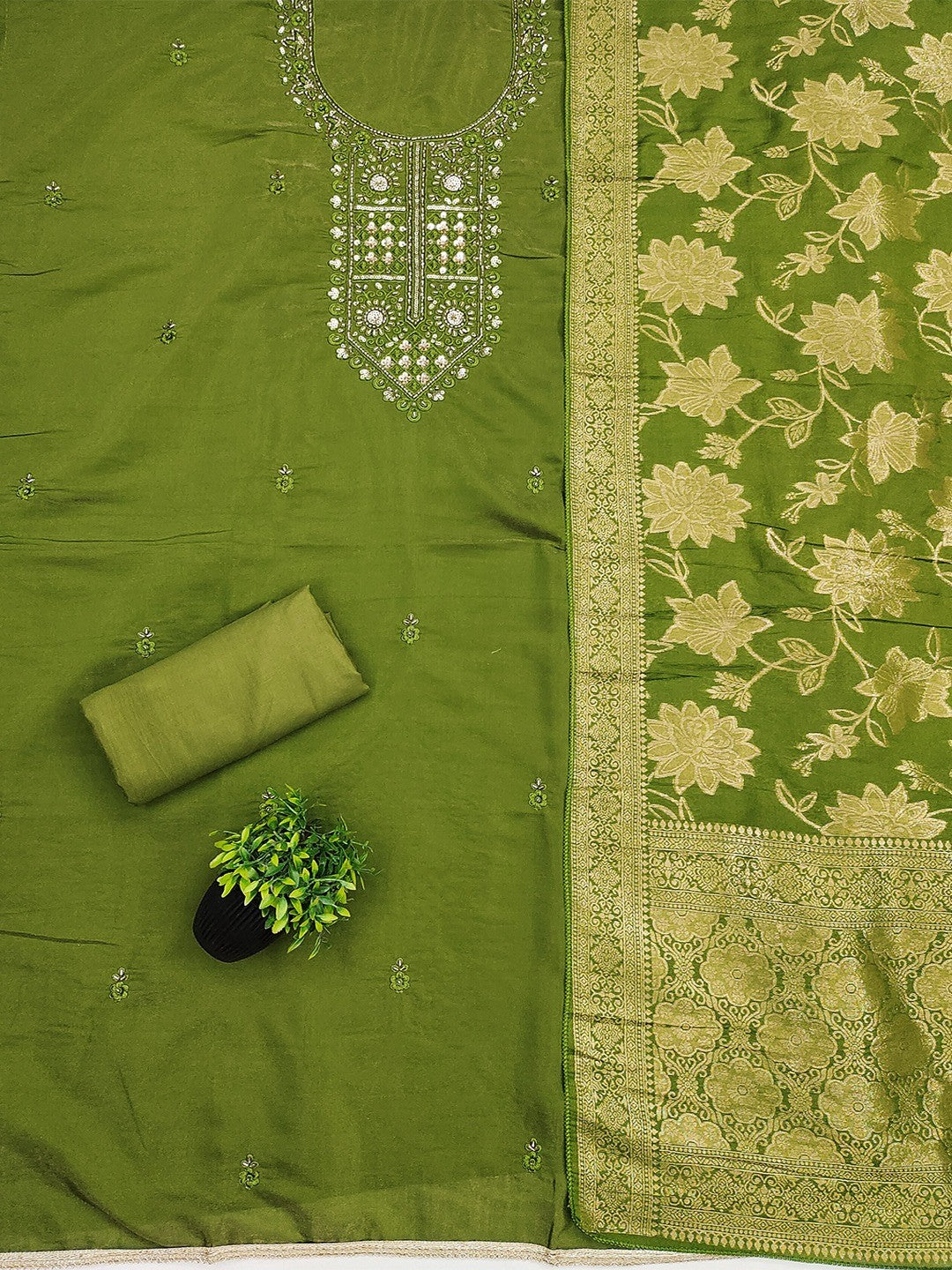 Elegant Green Shimmer Dress Material with Embroidered Details - Image 3