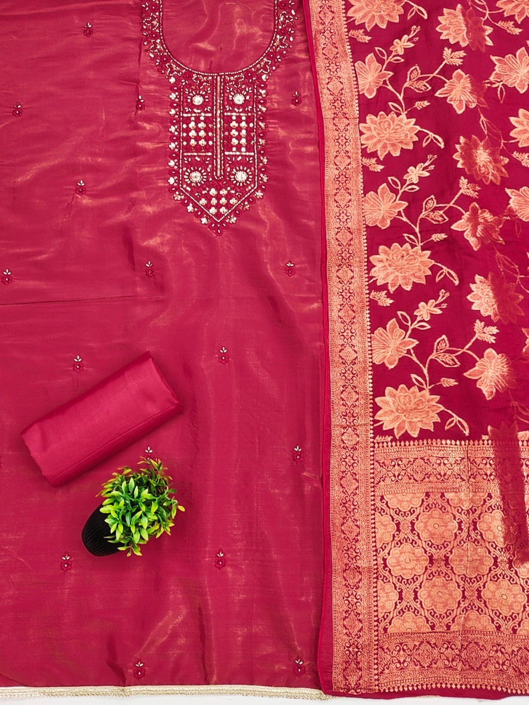 Elegant Pink Shimmer Dress Material with Embroidered Details - Image 2