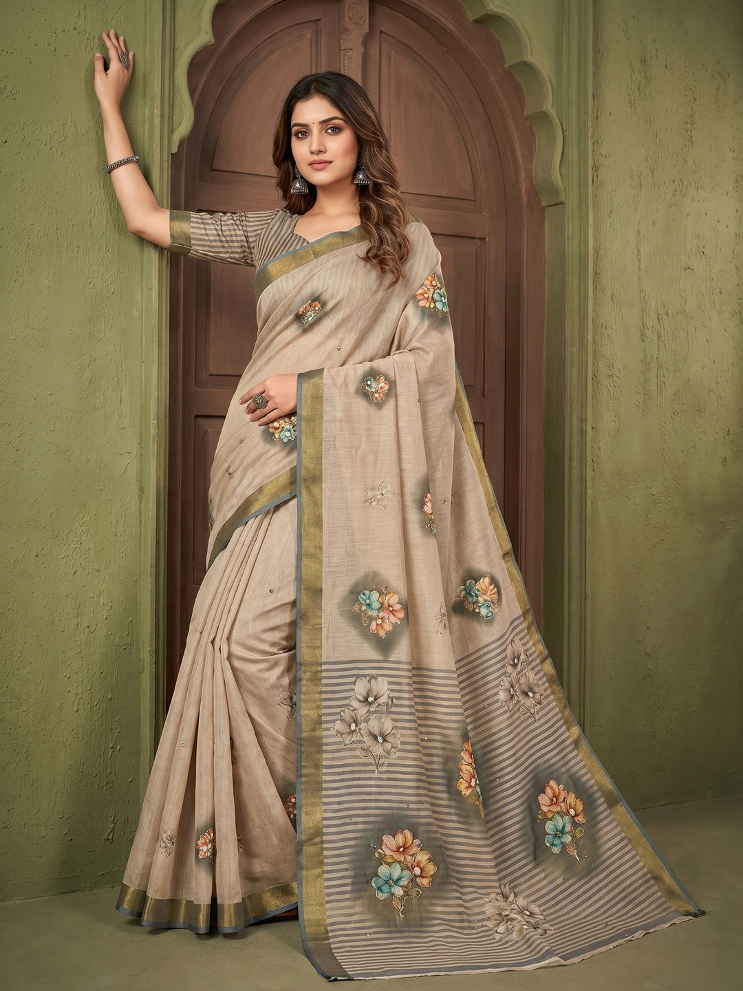 Beige Cotton Blend Saree with Grey Floral Pattern Ethnic Wear - Image 1