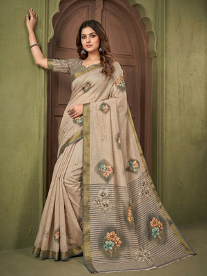 Beige Cotton Blend Saree with Grey Floral Pattern Ethnic Wear - Image 1