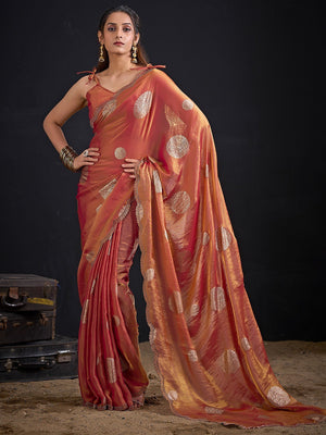 Premium Rust Orange Satin Silk Saree Featuring Stone Work Border & Foil Print - Image 1