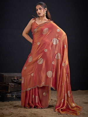 Premium Rust Orange Satin Silk Saree Featuring Stone Work Border & Foil Print - Image 2