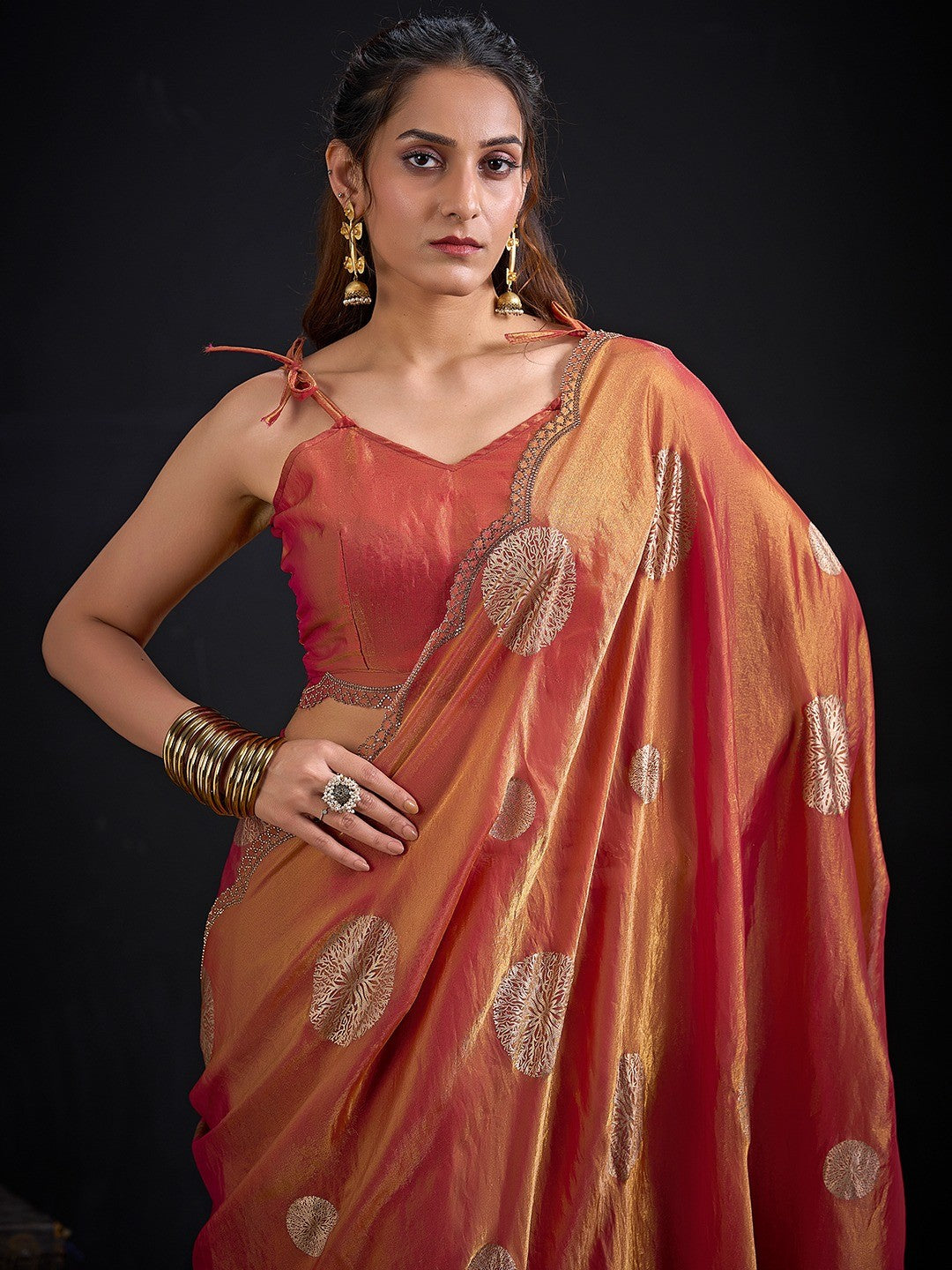 Premium Rust Orange Satin Silk Saree Featuring Stone Work Border & Foil Print - Image 4