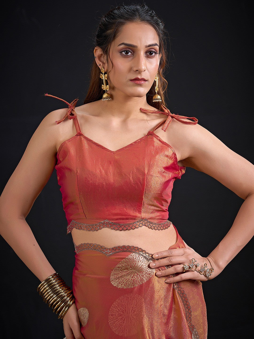Premium Rust Orange Satin Silk Saree Featuring Stone Work Border & Foil Print - Image 2