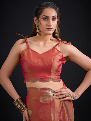 Premium Rust Orange Satin Silk Saree Featuring Stone Work Border & Foil Print - Image 2