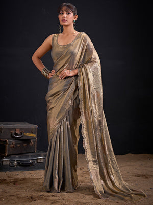 Premium Grey Satin Silk Saree Featuring Stone Work Border & Foil Print - Image 1