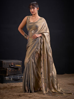 Premium Grey Satin Silk Saree Featuring Stone Work Border & Foil Print - Image 2