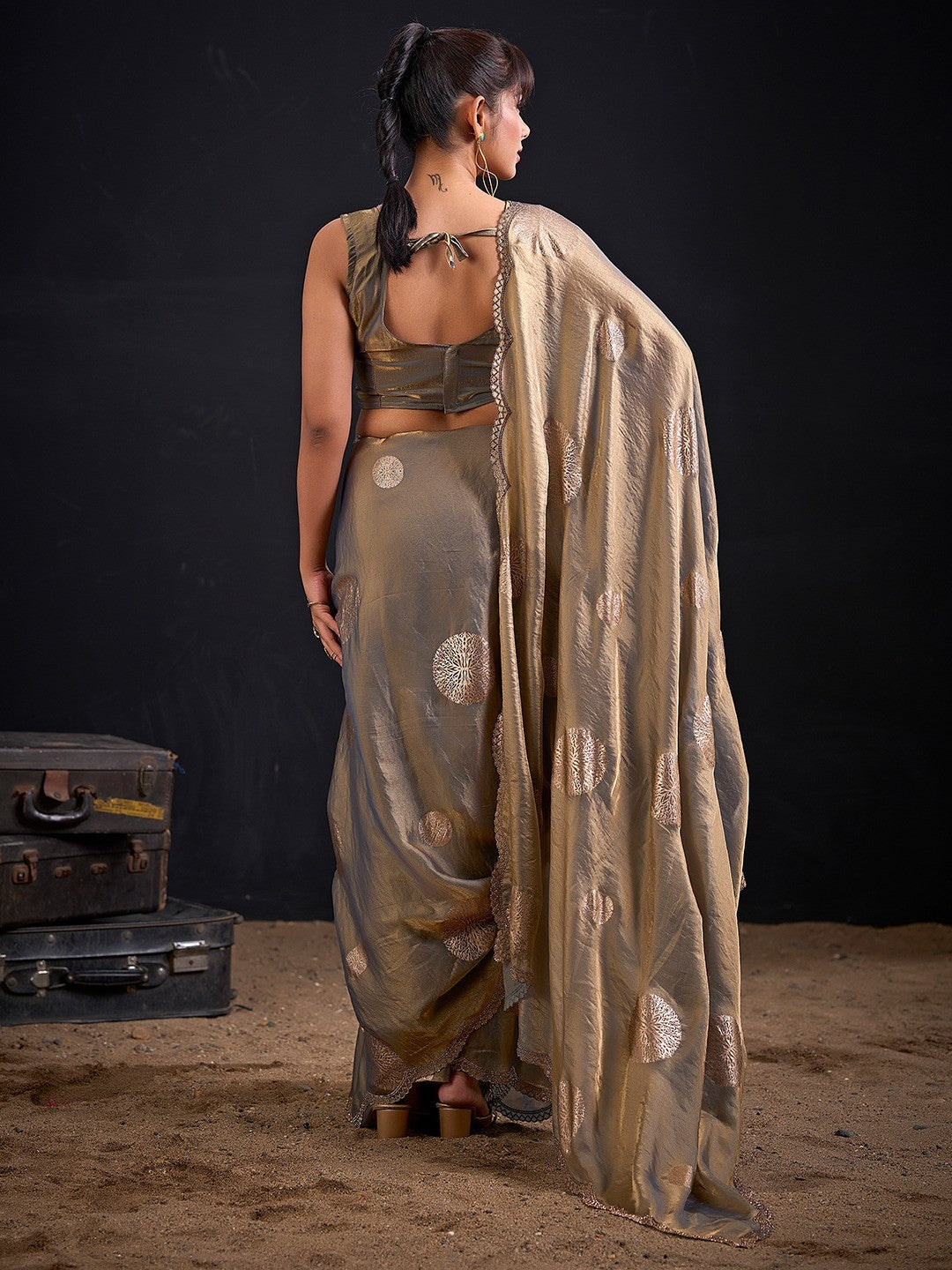 Premium Grey Satin Silk Saree Featuring Stone Work Border & Foil Print - Image 3
