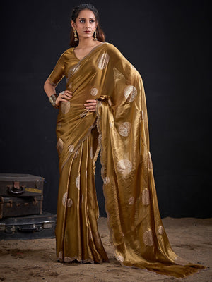 Premium Dark Mustard Satin Silk Saree Featuring Stone Work Border & Foil Print - Image 1