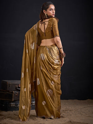 Premium Dark Mustard Satin Silk Saree Featuring Stone Work Border & Foil Print - Image 2