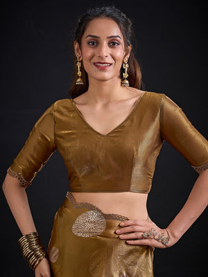 Premium Dark Mustard Satin Silk Saree Featuring Stone Work Border & Foil Print - Image 2