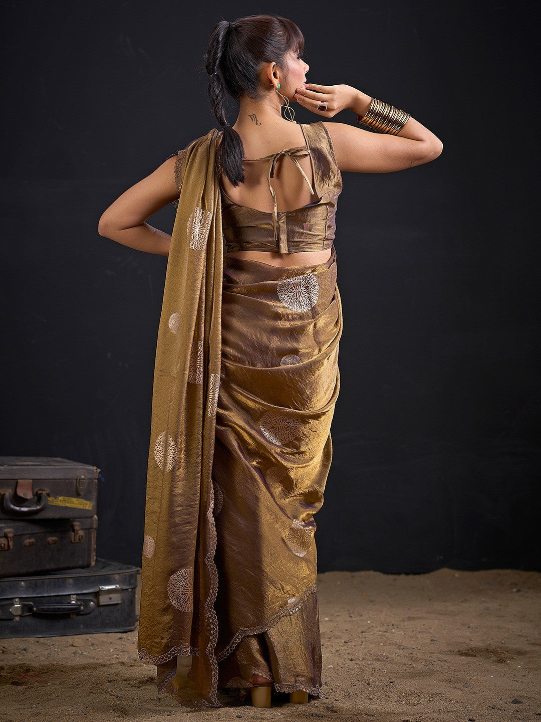 Premium Bronze Brown Satin Silk Saree Featuring Stone Work Border & Foil Print - Image 2