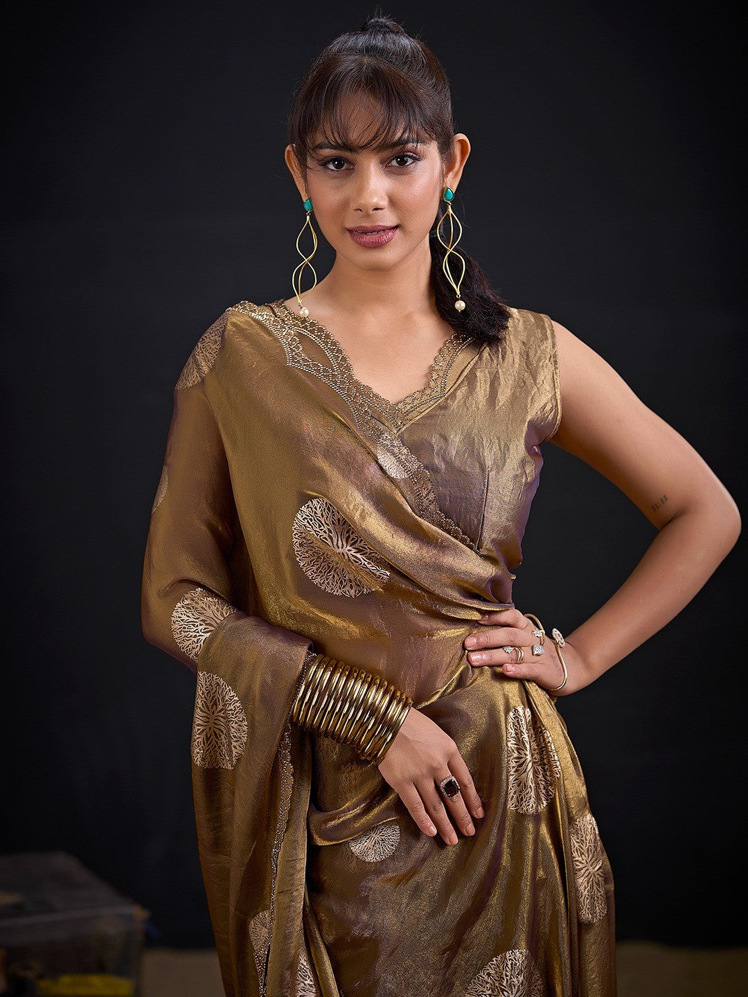 Premium Bronze Brown Satin Silk Saree Featuring Stone Work Border & Foil Print - Image 5