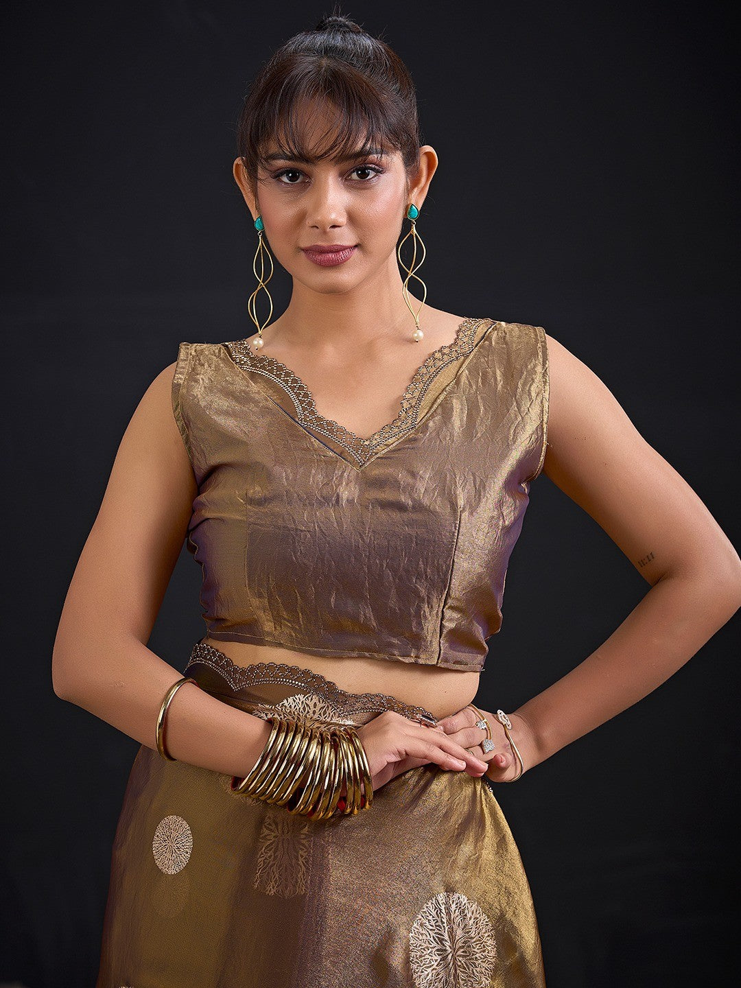 Premium Bronze Brown Satin Silk Saree Featuring Stone Work Border & Foil Print - Image 4