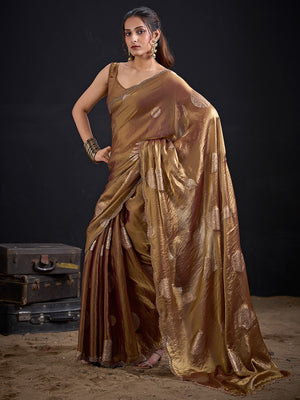 Premium Golden Brown Satin Silk Saree Featuring Stone Work Border & Foil Print - Image 2