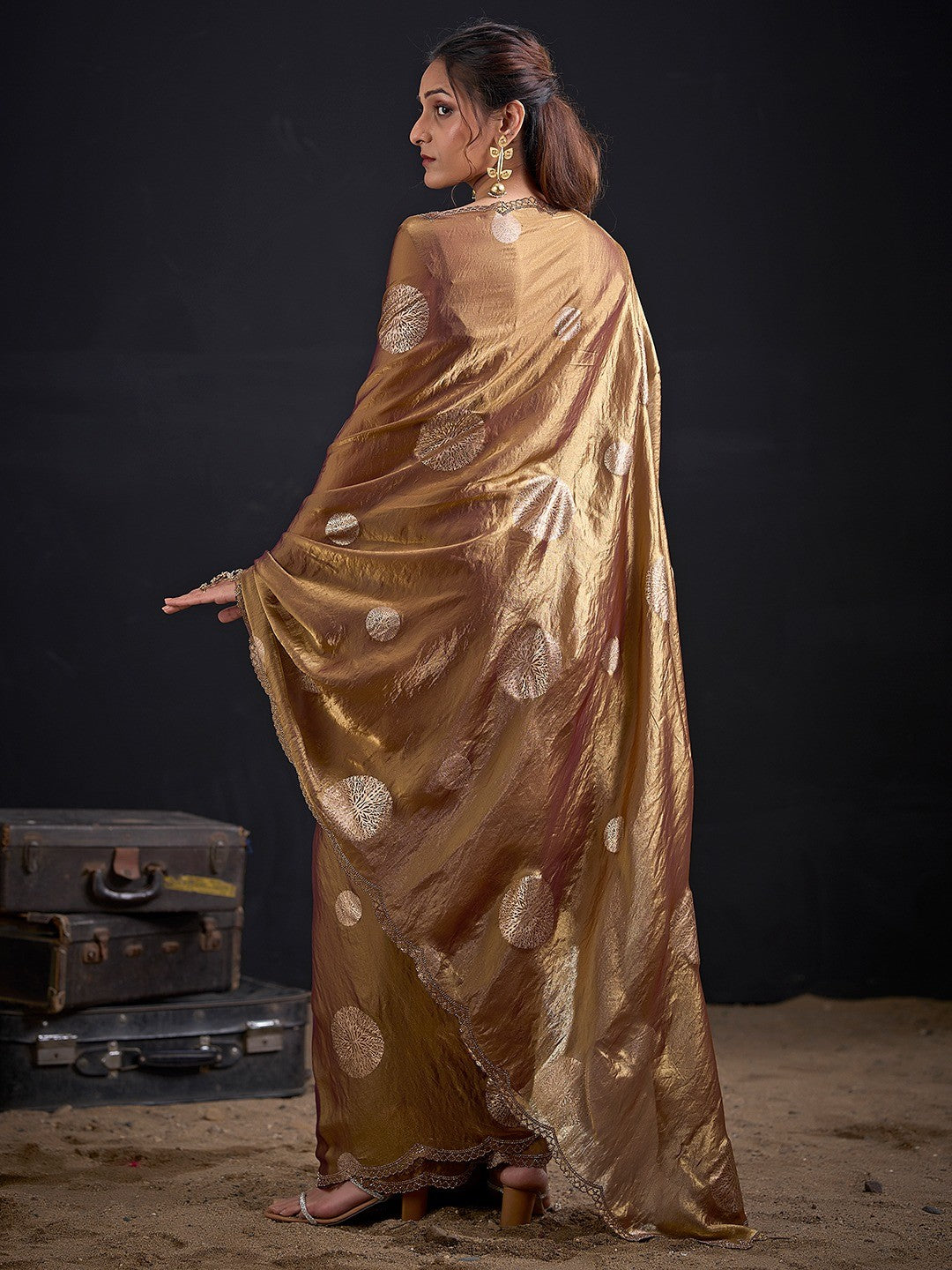 Premium Golden Brown Satin Silk Saree Featuring Stone Work Border & Foil Print - Image 4