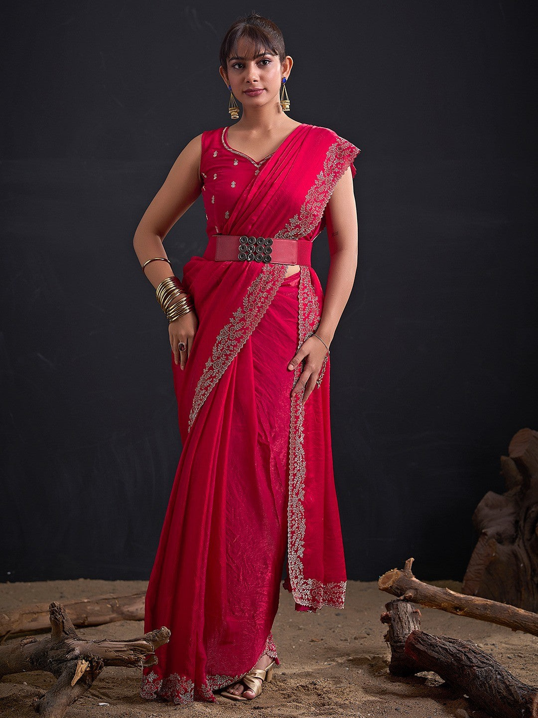 Glamorous Pink Solid Satin Silk Saree Adorned With Floral Stone Embellished Border - Image 1