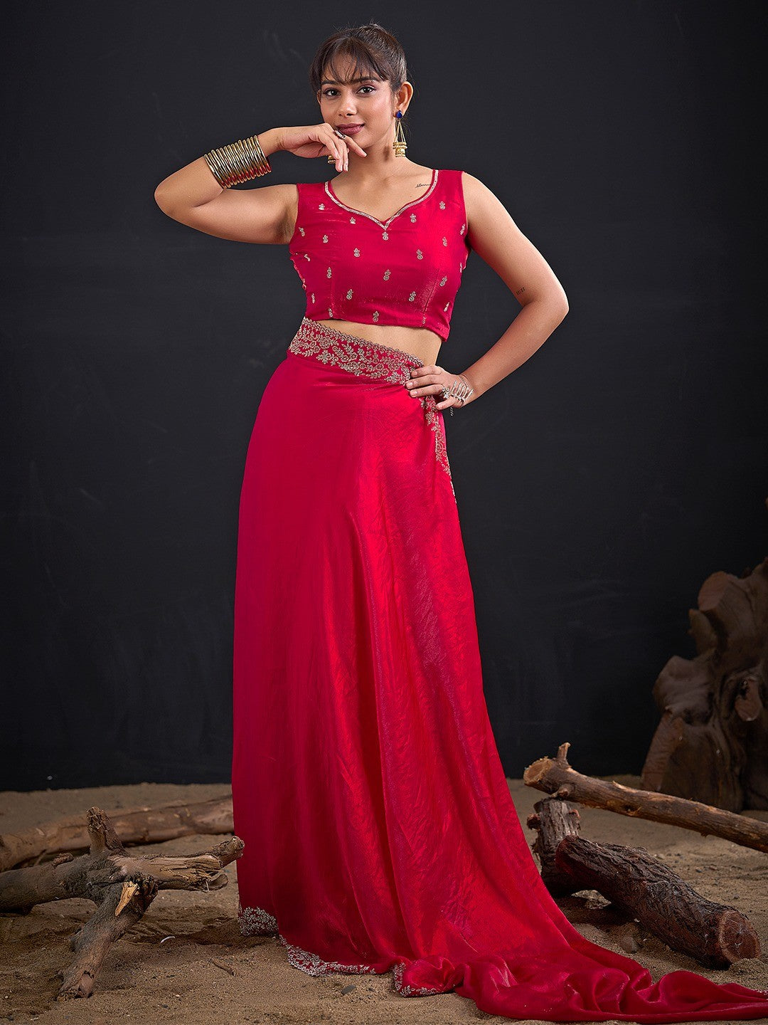 Glamorous Pink Solid Satin Silk Saree Adorned With Floral Stone Embellished Border - Image 2