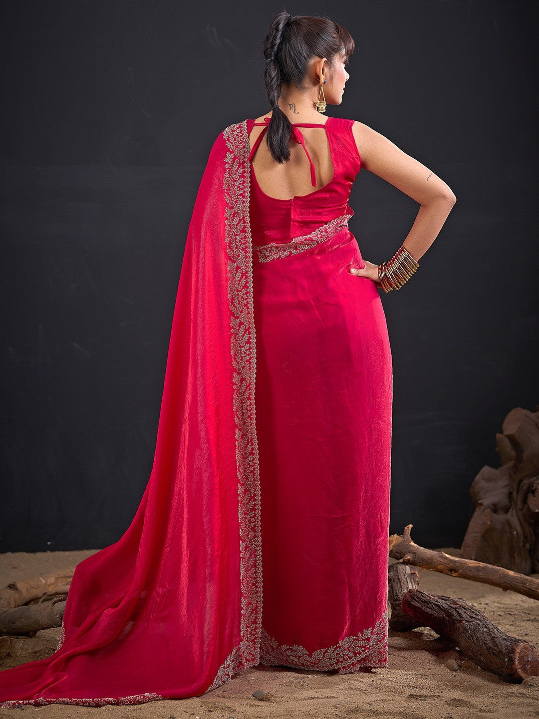 Glamorous Pink Solid Satin Silk Saree Adorned With Floral Stone Embellished Border - Image 3