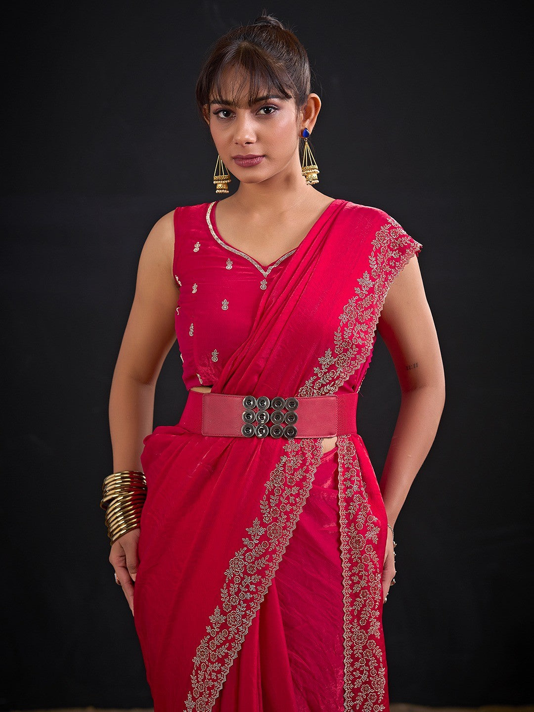 Glamorous Pink Solid Satin Silk Saree Adorned With Floral Stone Embellished Border - Image 4