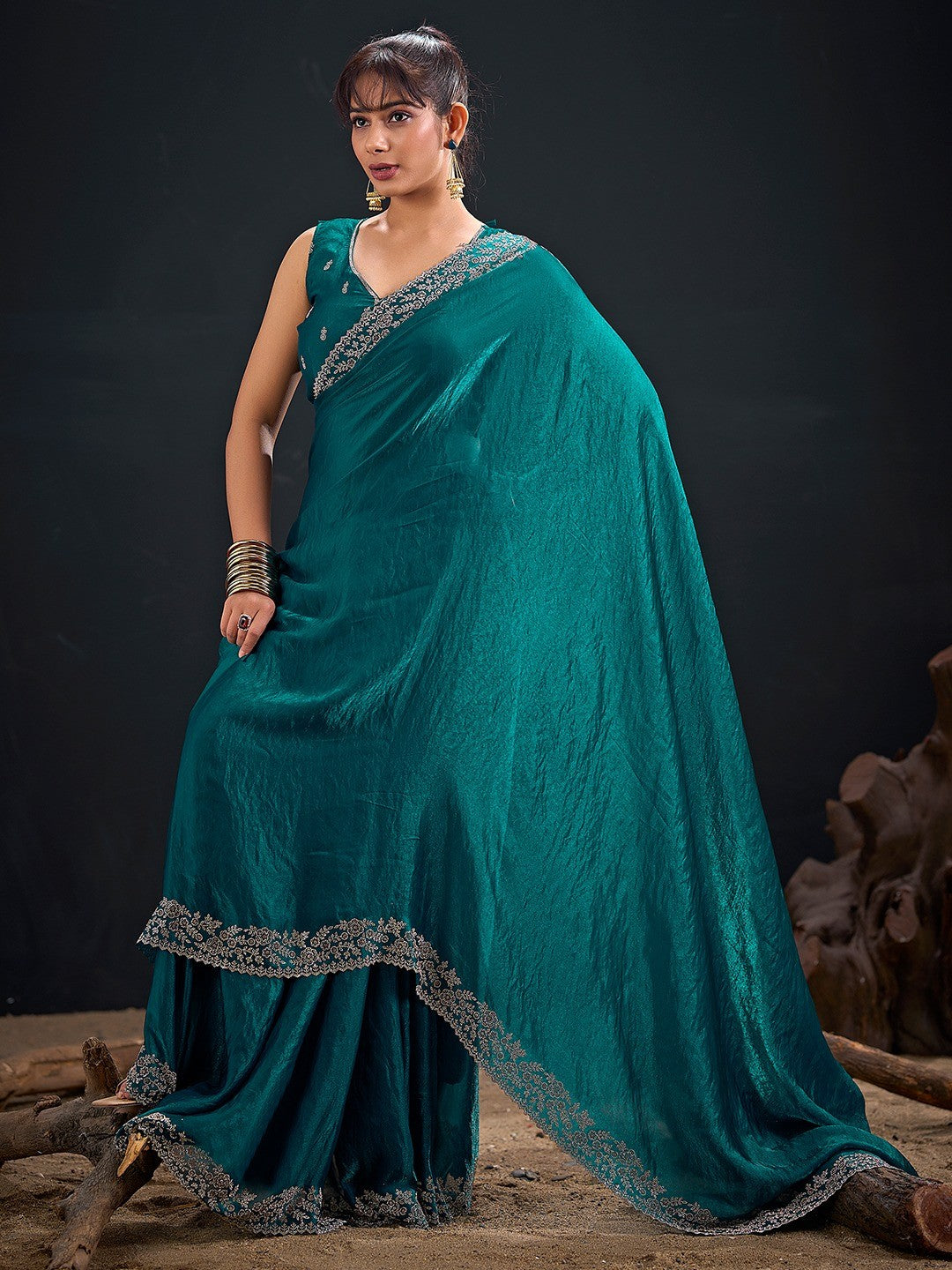 Glamorous Teal Solid Satin Silk Saree Adorned With Floral Stone Embellished Border - Image 4
