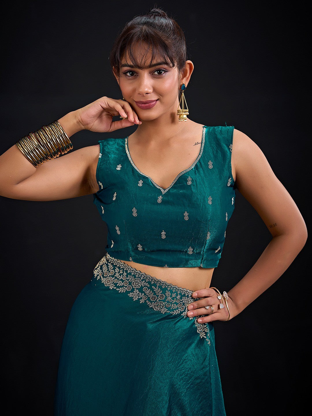 Glamorous Teal Solid Satin Silk Saree Adorned With Floral Stone Embellished Border - Image 3