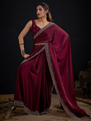 Glamorous Maroon Solid Satin Silk Saree Adorned With Floral Stone Embellished Border - Image 1