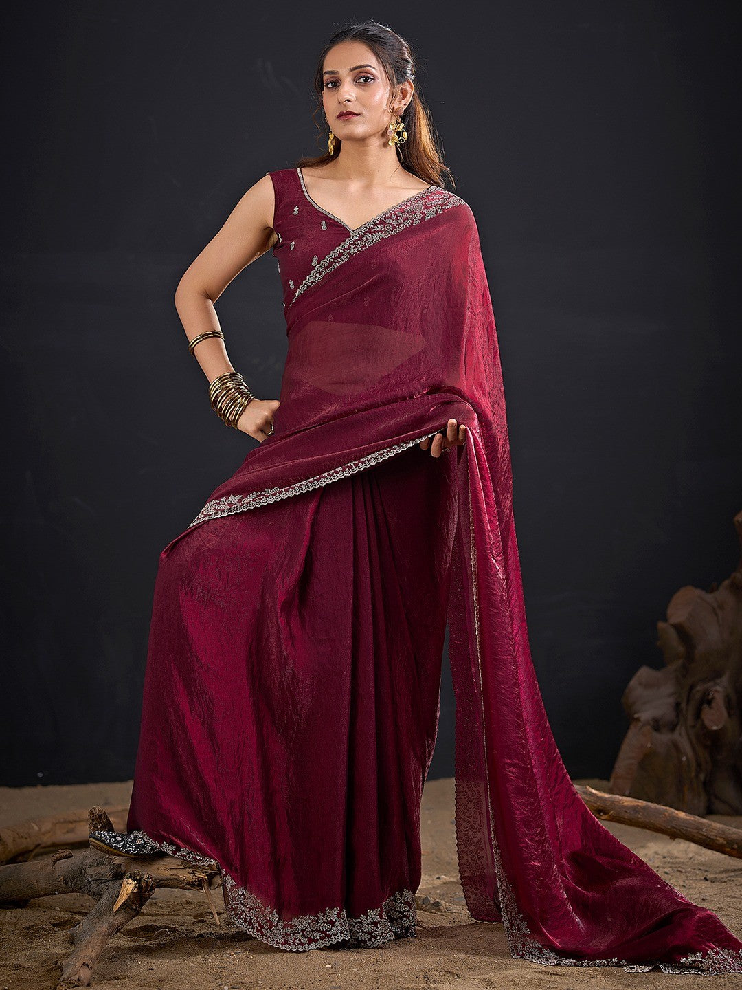 Glamorous Maroon Solid Satin Silk Saree Adorned With Floral Stone Embellished Border - Image 2
