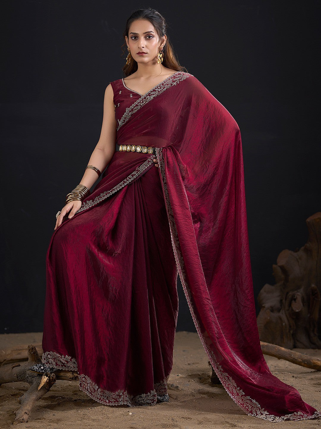 Glamorous Maroon Solid Satin Silk Saree Adorned With Floral Stone Embellished Border - Image 6