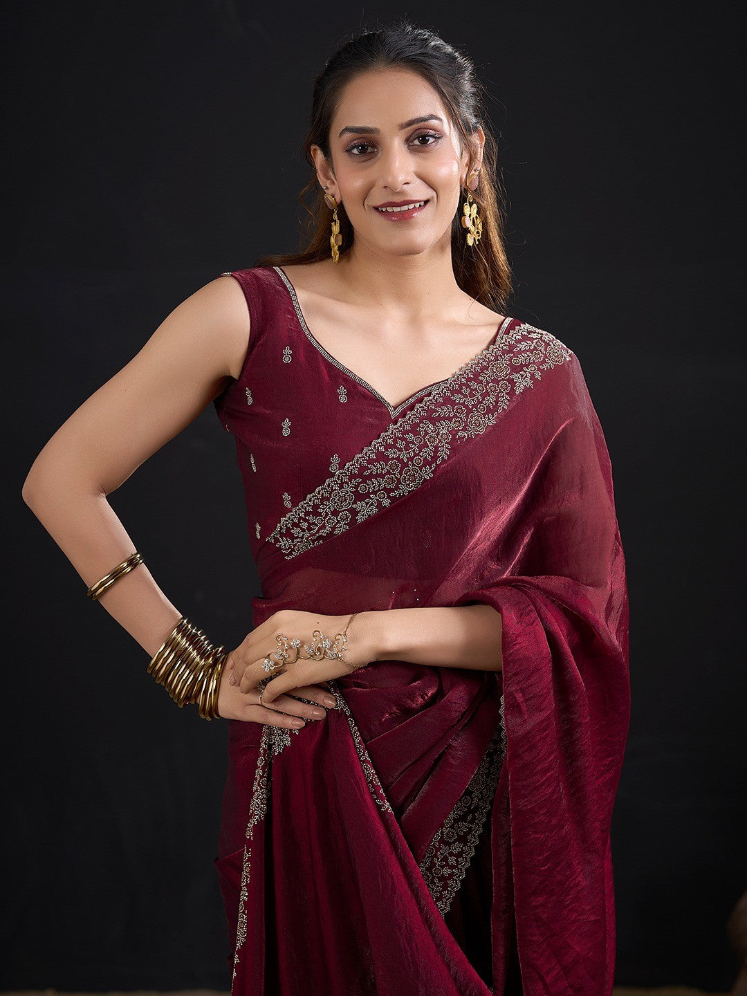 Glamorous Maroon Solid Satin Silk Saree Adorned With Floral Stone Embellished Border - Image 5