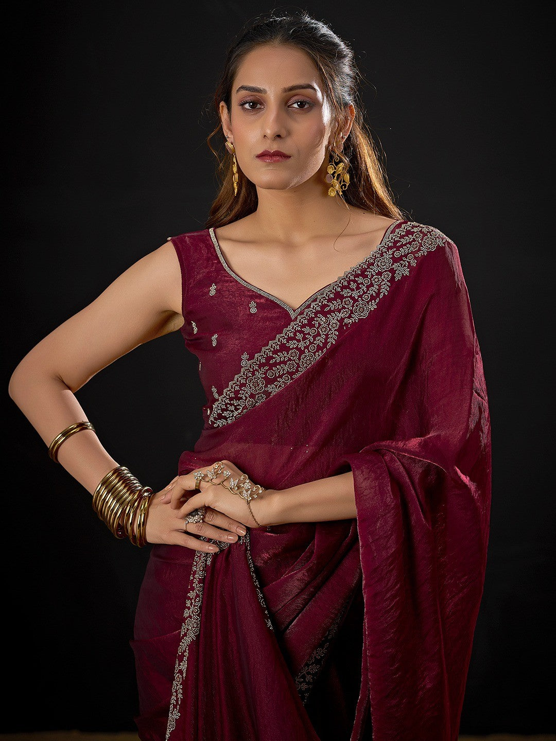 Glamorous Maroon Solid Satin Silk Saree Adorned With Floral Stone Embellished Border - Image 4