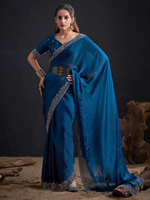 Glamorous Blue Solid Satin Silk Saree Adorned With Floral Stone Embellished Border - Image 1