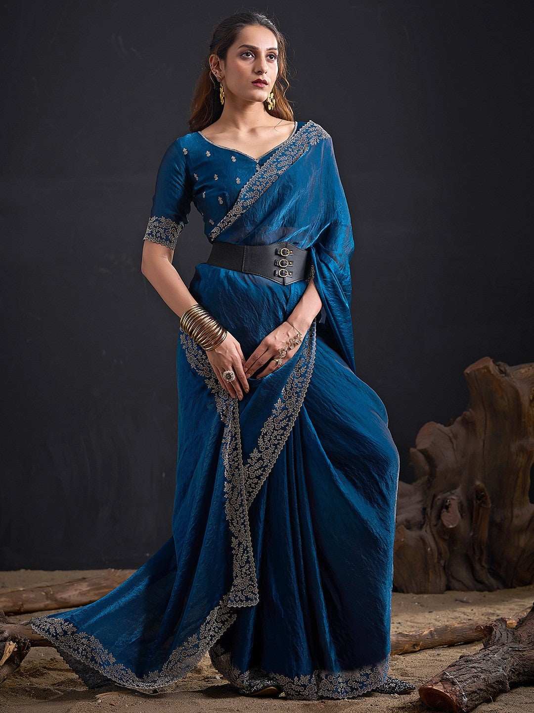 Glamorous Blue Solid Satin Silk Saree Adorned With Floral Stone Embellished Border - Image 2
