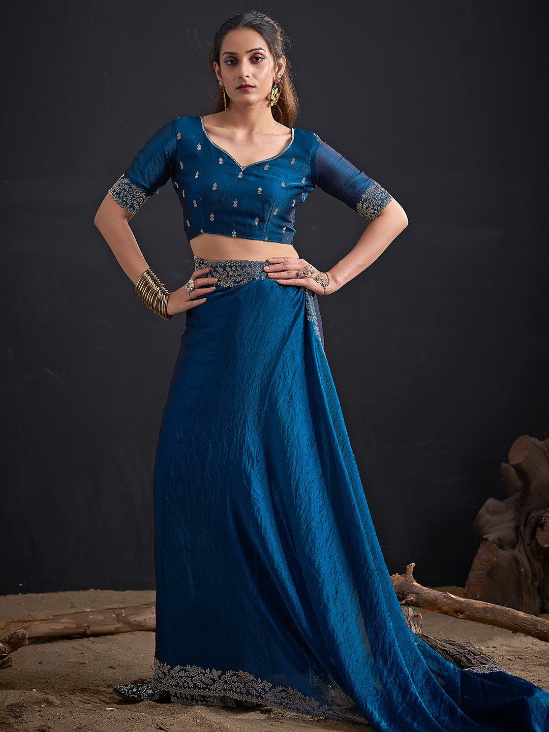 Glamorous Blue Solid Satin Silk Saree Adorned With Floral Stone Embellished Border - Image 3