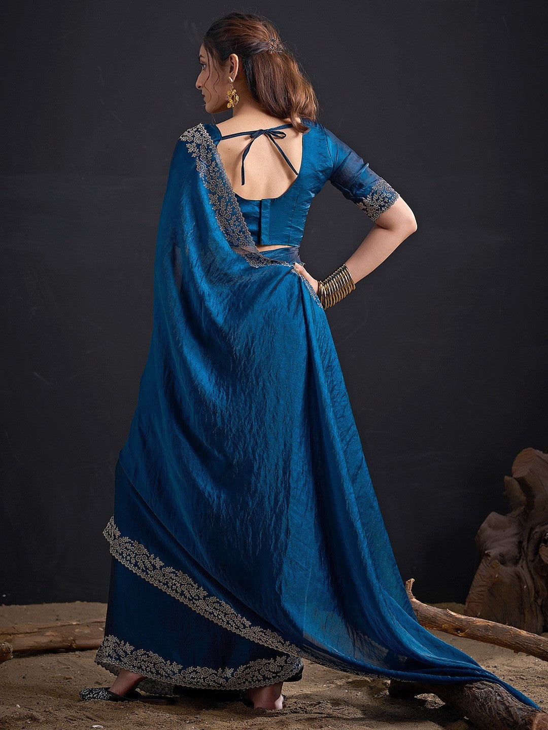 Glamorous Blue Solid Satin Silk Saree Adorned With Floral Stone Embellished Border - Image 4