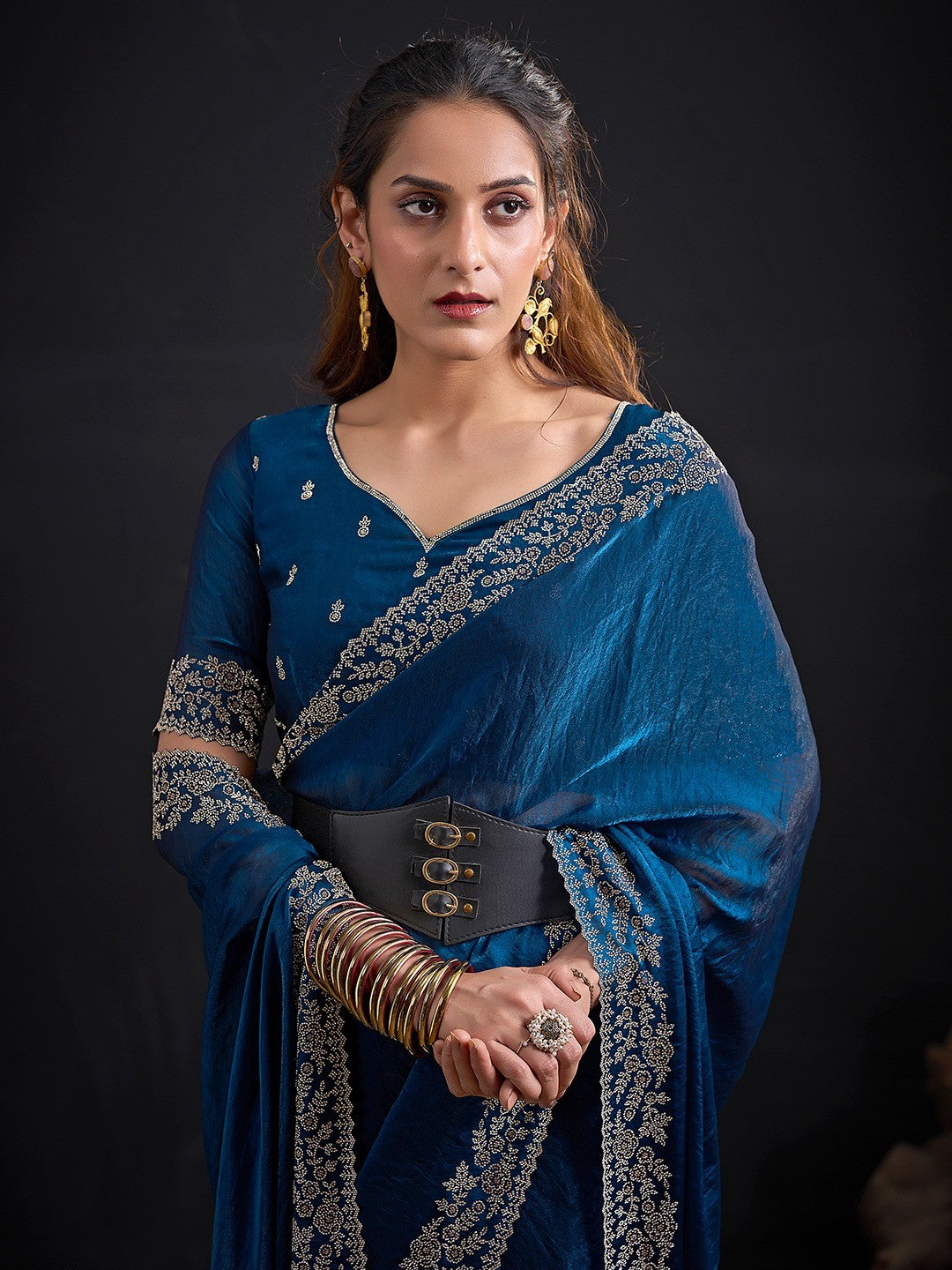 Glamorous Blue Solid Satin Silk Saree Adorned With Floral Stone Embellished Border - Image 5