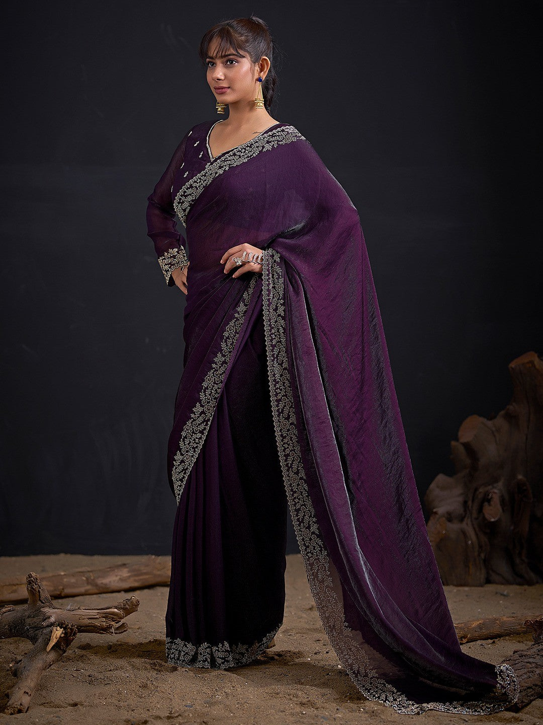 Glamorous Purple Solid Satin Silk Saree Adorned With Floral Stone Embellished Border - Image 3