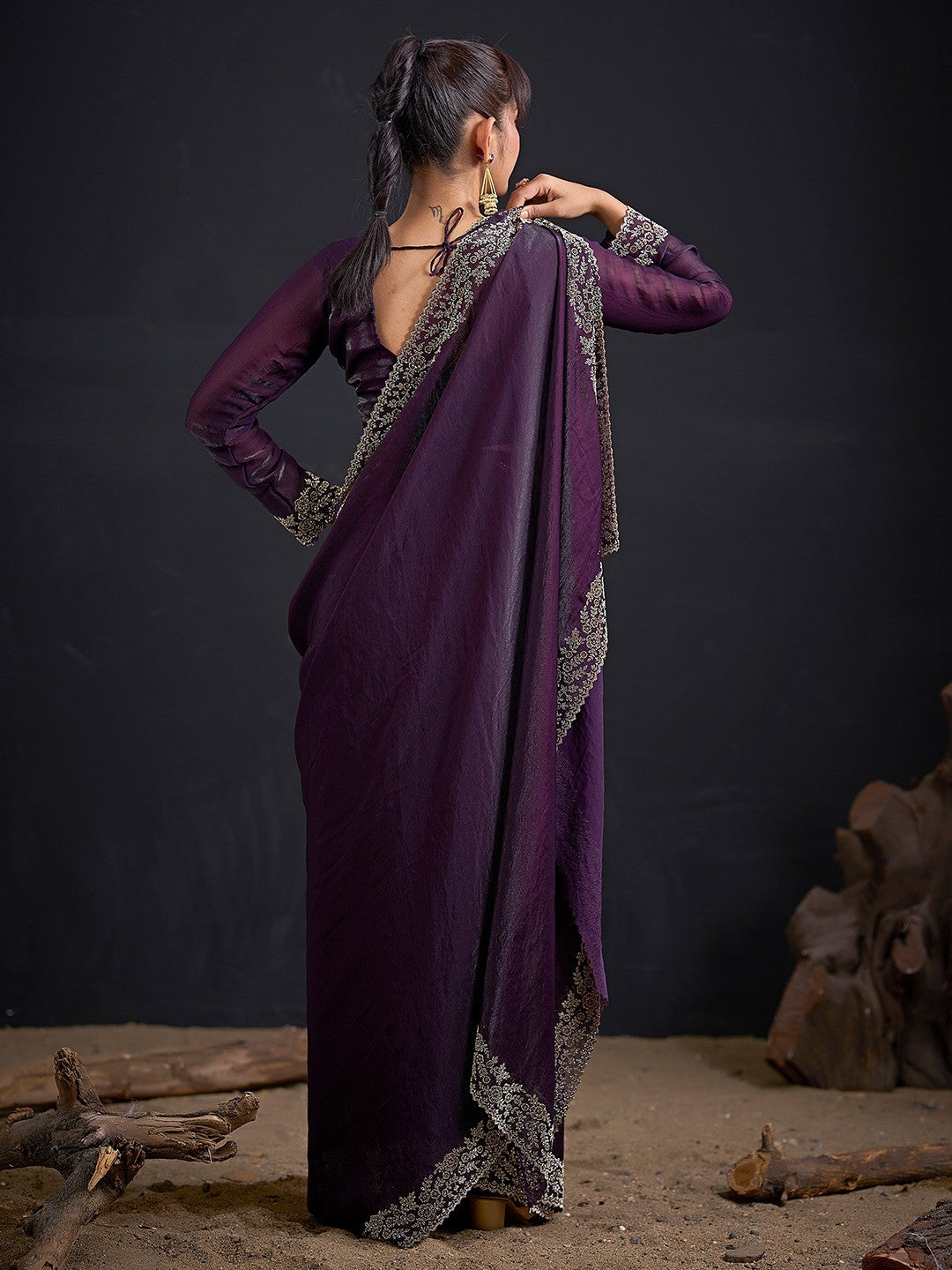 Glamorous Purple Solid Satin Silk Saree Adorned With Floral Stone Embellished Border - Image 4