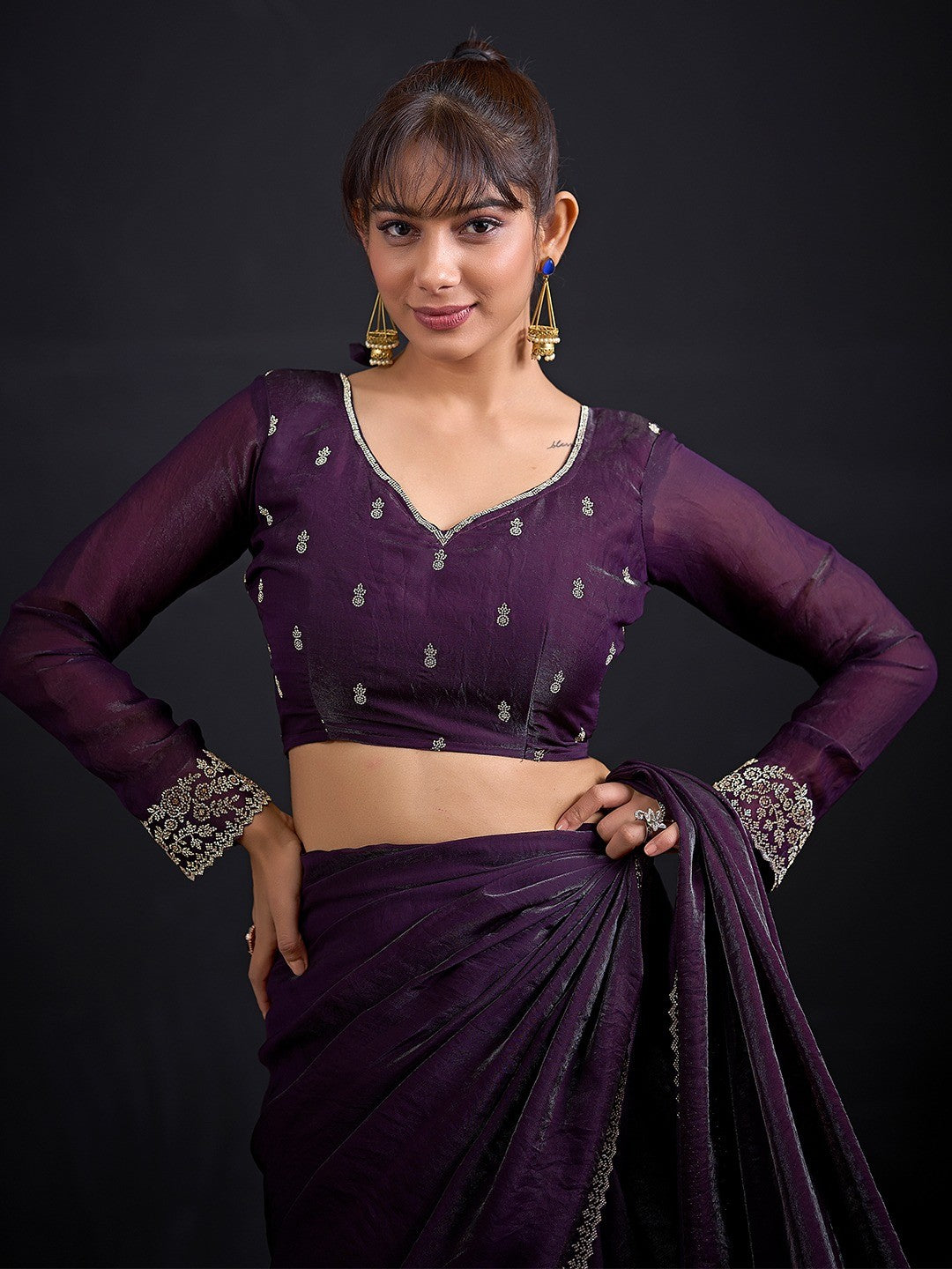 Glamorous Purple Solid Satin Silk Saree Adorned With Floral Stone Embellished Border - Image 2