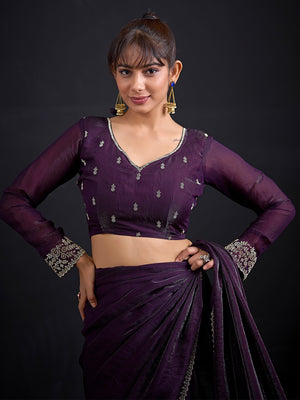 Glamorous Purple Solid Satin Silk Saree Adorned With Floral Stone Embellished Border - Image 2