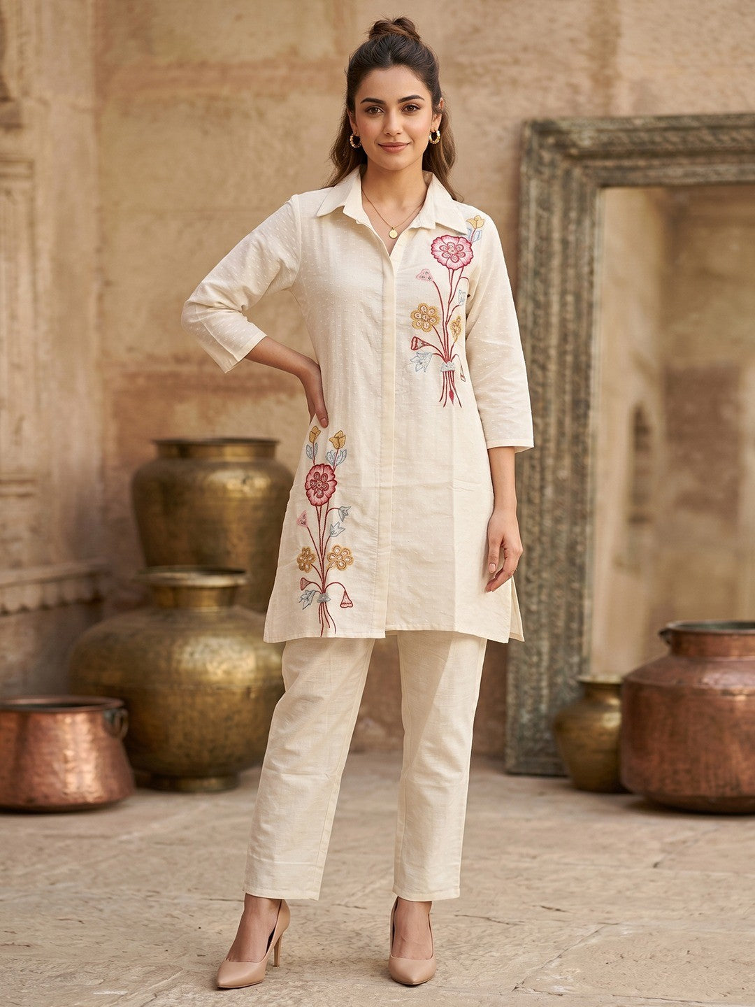 Elegant Offwhite Pure Cotton Floral Embroidered Top Bottom Set - Image 1