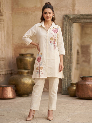Elegant Offwhite Pure Cotton Floral Embroidered Top Bottom Set - Image 1