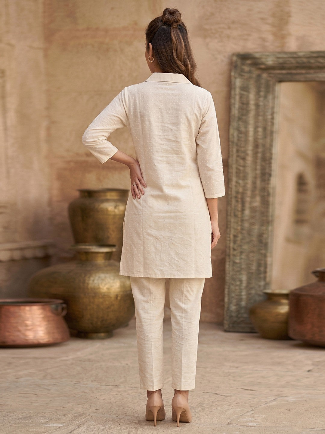 Elegant Offwhite Pure Cotton Floral Embroidered Top Bottom Set - Image 3