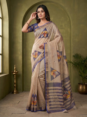 Beige Cotton Blend Saree with Blue Floral Pattern Ethnic Wear - Image 1