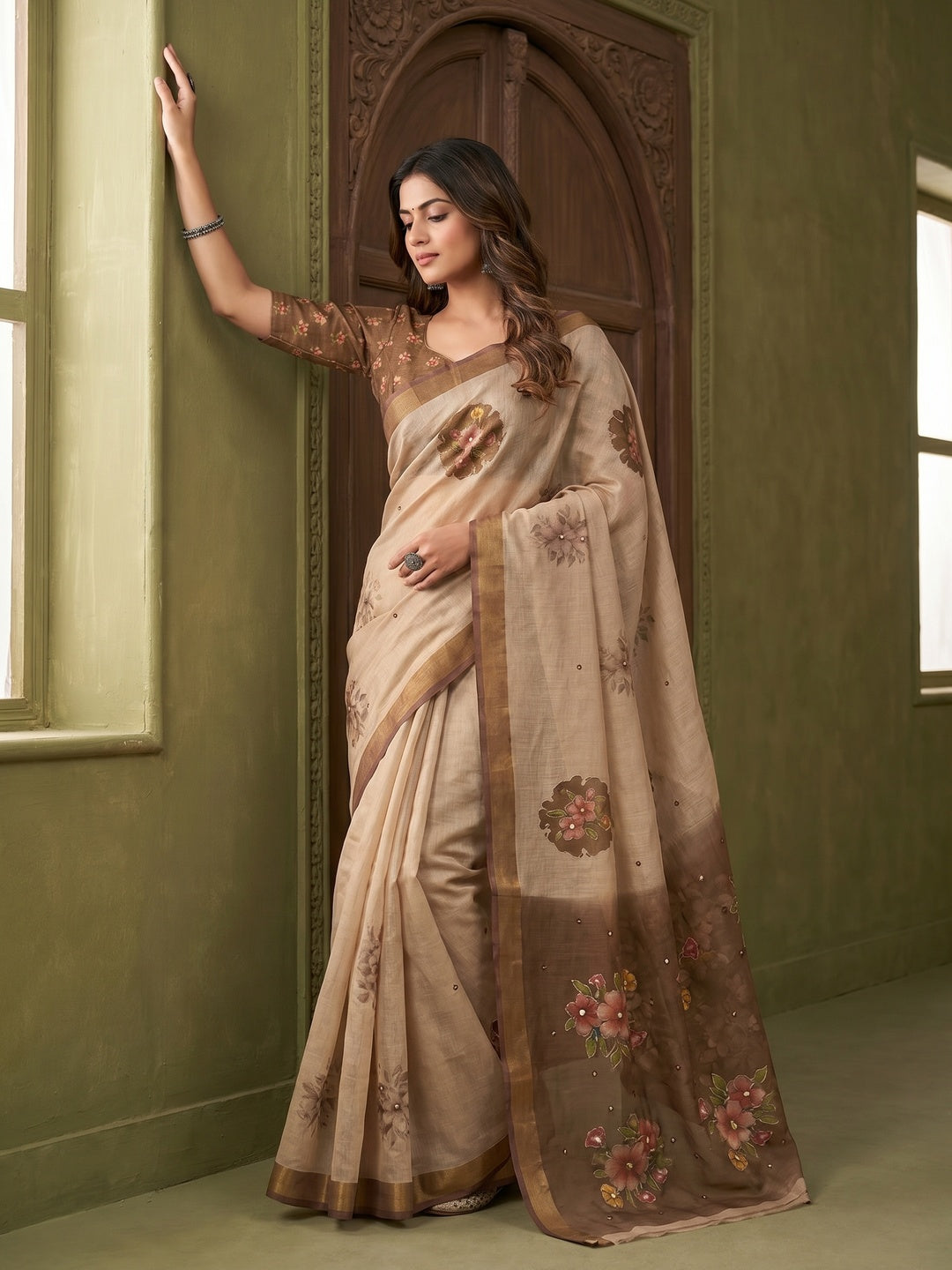 Beige Cotton Blend Saree with Brown Floral Pattern Ethnic Wear - Image 1