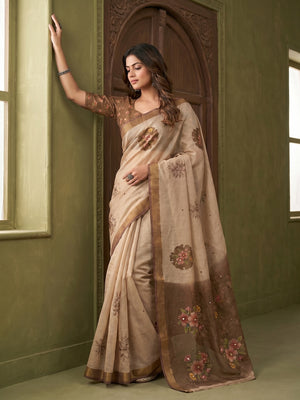 Beige Cotton Blend Saree with Brown Floral Pattern Ethnic Wear - Image 1